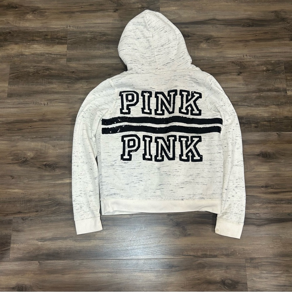 PINK Victoria's Secret Heathered White Hoodie with Black Sequin Logo - Picture 7 of 7